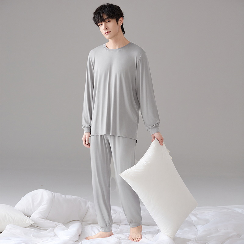 Pijamas modales para hombres primavera y otoño pantalones largos de mangas largas sueltos de tamaño grande verano para hombres simple set de ropa de casa gris