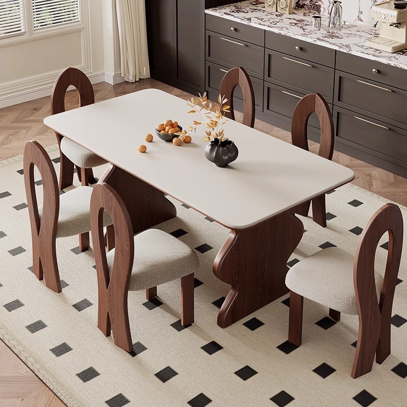 Mesas y sillas de comedor de madera maciza de estilo antiguo 2024 Nueva sala de estar Serie de crema francesa americana Tablero de roca retro nórdico Fresno blanco