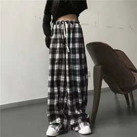 含棉格子裤子女秋小个子直筒宽松显瘦高腰休闲拖地裤