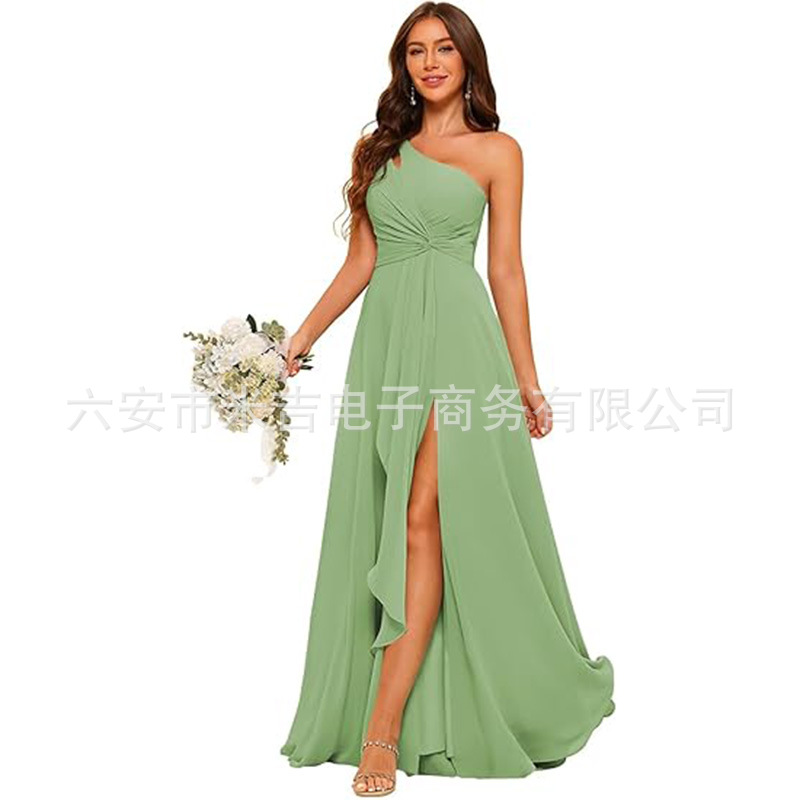 Amazon European and American Chiffon One-Shoulder Bridesmaid Dress Off-Shoulder Sexy Prom Party Party Foreign Trade Host Evening Dress
