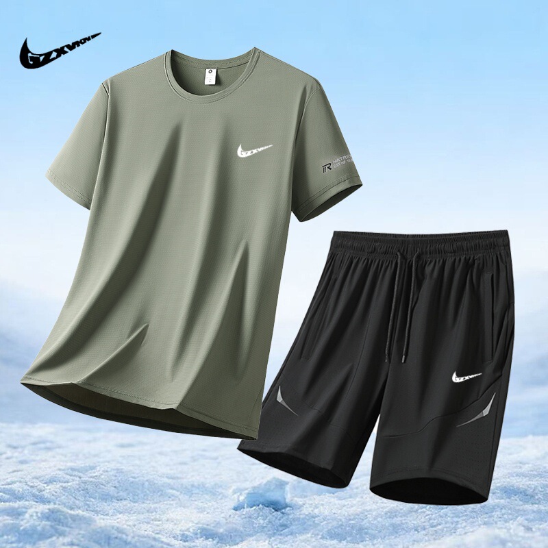 Men's Summer New Style Ice Silk Quick-Drying Round-Neck T-Shirt Short-Sleeved Shorts Running Casual Sports Two-Piece Set for Men Trendy Men's Summer New Style Ice Silk Quick-Drying Round-Neck T-Shirt Short-Sleeved Shorts Running Casual Sports Two-Piece Set for Men Trendy