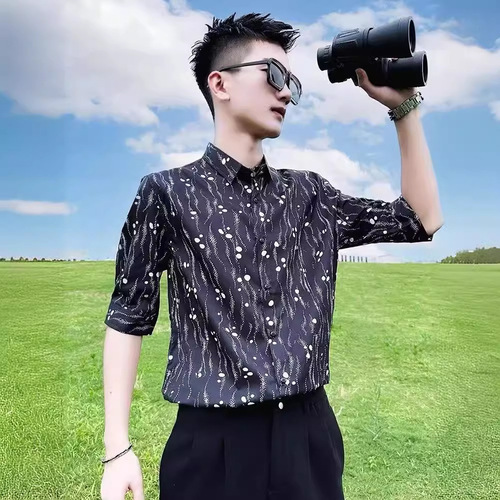 Summer Ice Silk Shirt Men's Short Sleeve Business Casual Iron-Free Collar Shirt Men's Middle-Age Printed Upper Garment