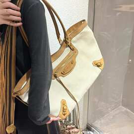 巴黎家高版本City帆布机车托特包真皮大容量复古经典铆钉手提包女