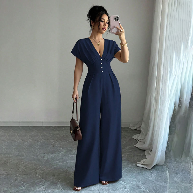 Exportación de comercio exterior 2026 nuevo estilo europeo y americano transfronterizo temperamento elegante de mujer cuello en V manga corta cintura amplia pierna junk