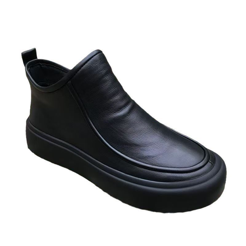 Bốt Martin nam cổ cao kiểu Chelsea da thật lót bông giữ ấm, gót thấp 1–3 cm — Màu đen cotton, Màu đen đơn