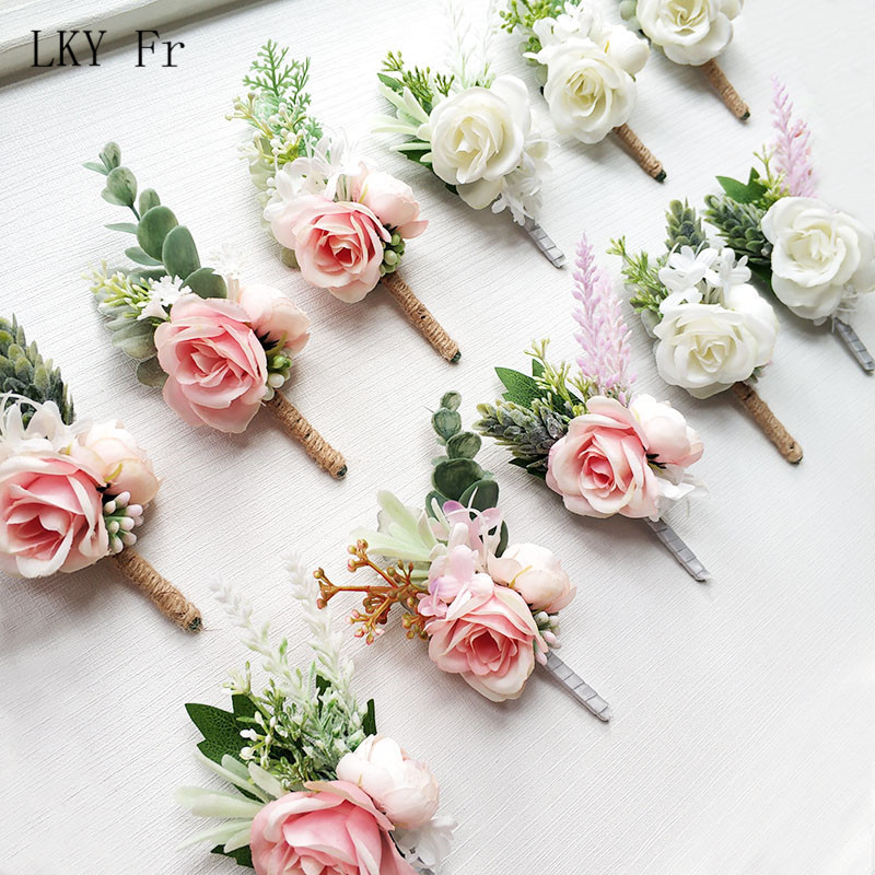 LKY Fr Boutonniere Flowers Wedding Corsage Pins White Pink