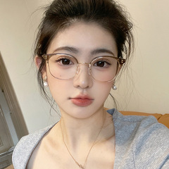 Women's Half-Rim Glasses, Suitable for Myopia with Astigmatism Correction, Large Face Slimming, Ultra-Light Cold Tea Color Pale Makeup Frame