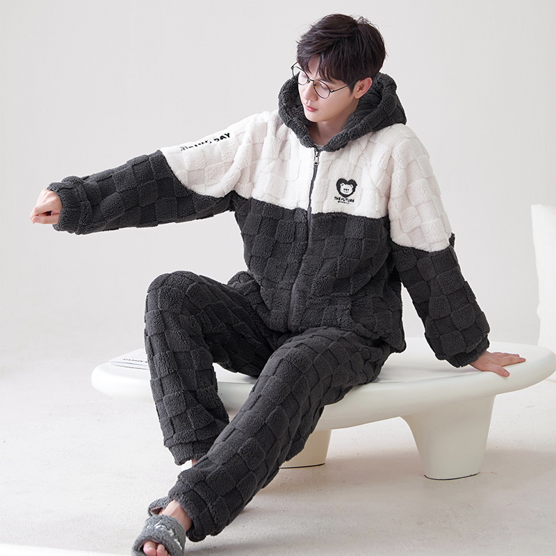 Pijamas Otoño e Invierno de los hombres de lana de coral forrado de lana gruesa caliente con capucha franela suelta más tamaño homewear traje