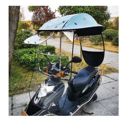 Elektromobil üçün ön şüşə çətiri (günlük) — shield, new two-wheeled model - high-definition-sliding-window-sun-protection-tarpaulin-in-blue-ice-cream-color-rain-curtain-the-car-has-a-rearview-mirror