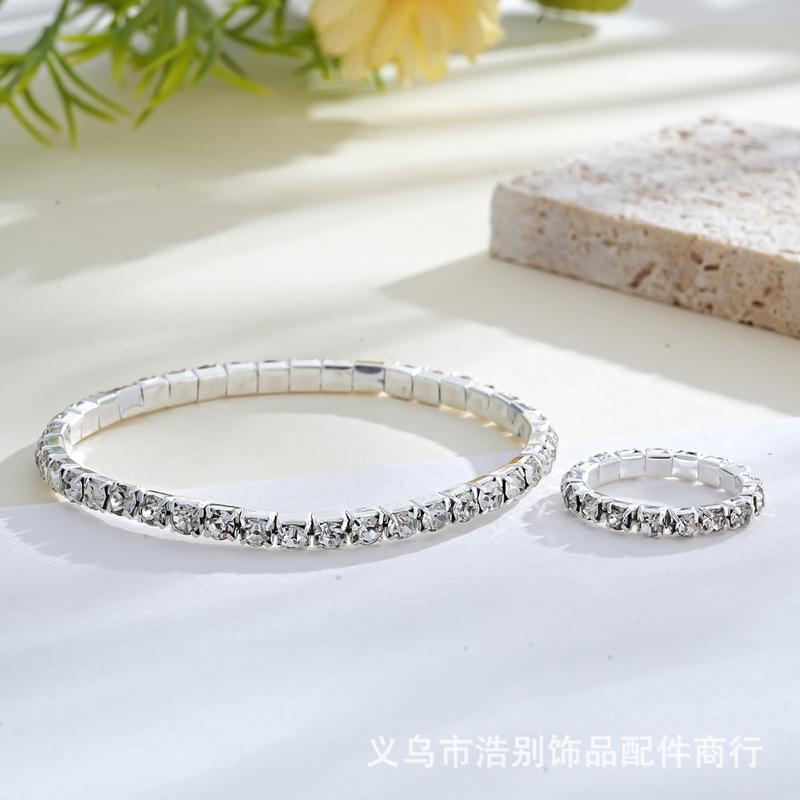 Multi-Row Rhinestone Bracelet Elastic Bridal Bangle Single Row Sparkling Crystal Ring Bracelet Set Stackable Wear