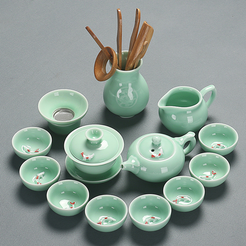 Celadon Kung Fu Tea Set Simple Home Office Creative Goldfish Tea Cup Lid Bowl Teapot Wash Tea Ceremony Bamboo