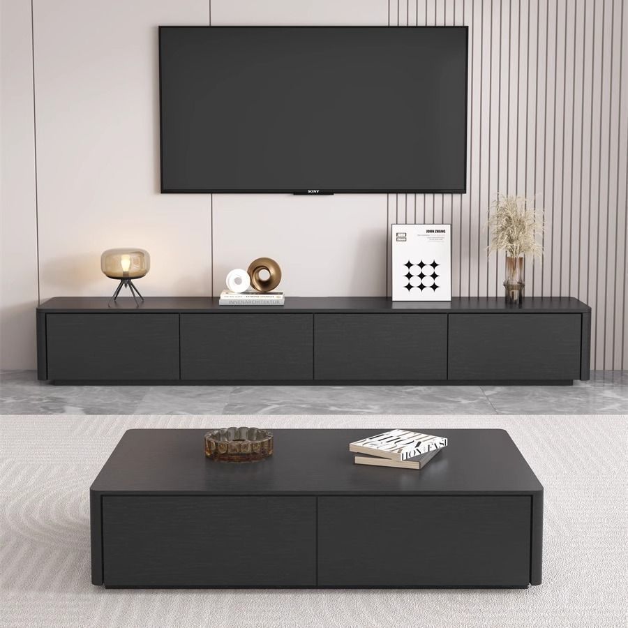 French American Storage Coffee Table Tv Cabinet Floor-Standing Solid Wood Ecological Board Black Rounded Corner Tv Cabinet Living Room Storage