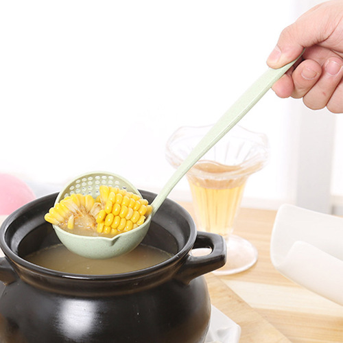 Wheat straw colander, long-handled plastic large spoon, colander, two-in-one practical tableware, hot pot oil leaking spoon