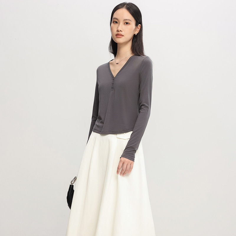 Nude Silk Oxygen Shirt 25 Early Autumn New V Neck Long-Sleeved T-Shirt Petite Bottoming Loose Lazy Blouse for Women