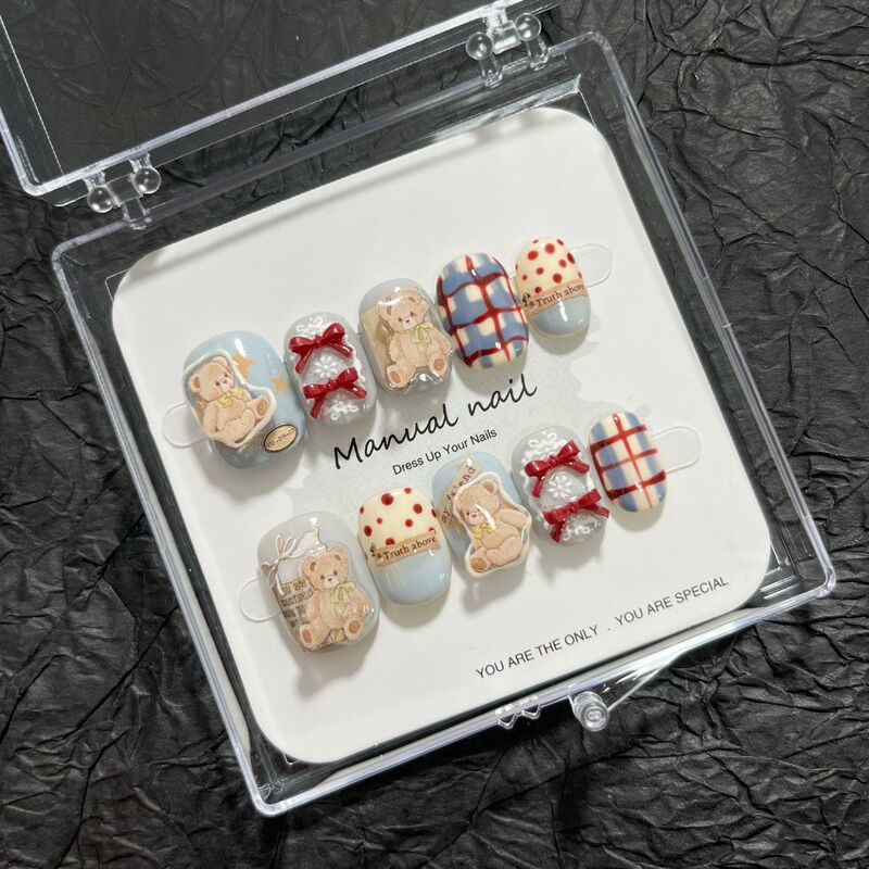 Purely Handmade Cute Cartoon Girl Short Round Wearable Nail Patch Removable A634