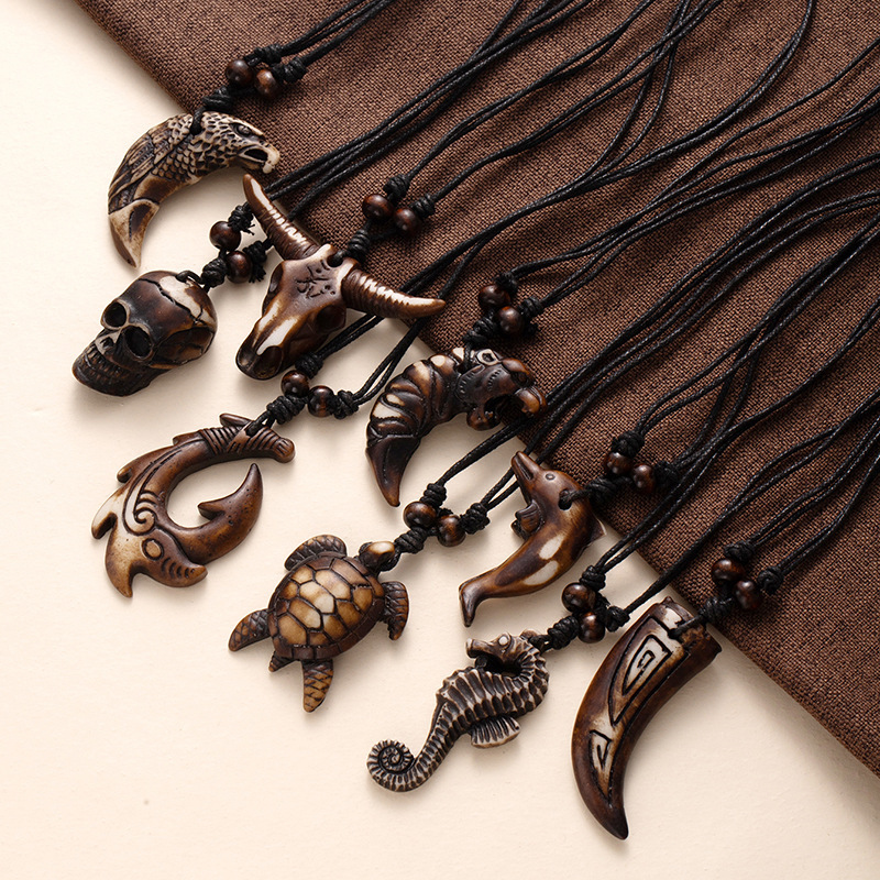 New Zealand Tribal Ethnic Style Resin Necklace Maori Fish Hook Imitation Bone Pendant Woolen Chain Scenic Tourism Jewelry