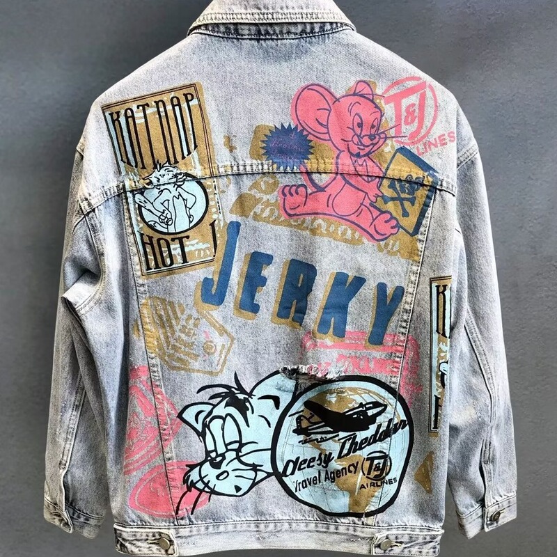 Spring and Autumn Scraping Ripped Denim Jacket Men's Youth Graffiti Print Jacket Fashionable Casual Jacket Men's Coat