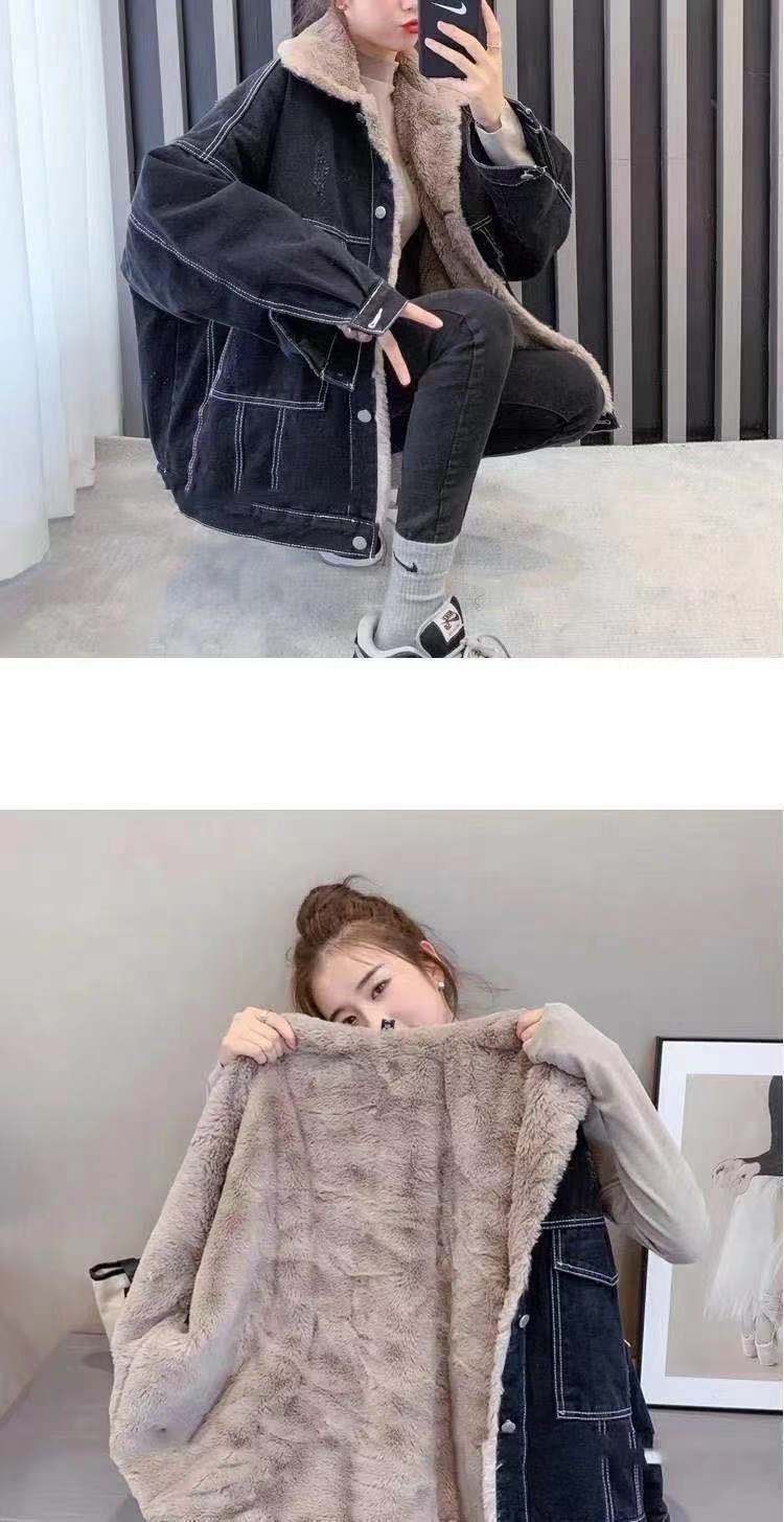630g Weight Long Sleeve Sleeve Length Single Breasted Placket Type Regular Sleeve Sleeve Type Polyester Fabric Type Ordinary Model (50cm <Length ≤ 65cm) Top Length Coat Tops Type Shirt Collar Neckline Loose Fit Type Solid Color Pattern Women's Gender Temperament Commuter, Urban Style Style Lamb Fur Lined Thickened Denim Jacket Women's Autumn Winter Loose Versatile Short Style Fleece Inner Cotton Coat For Students 6