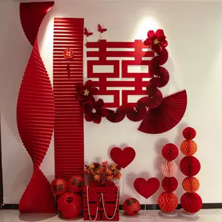 结婚背景墙出片婚房布置婚礼红色装饰用品套装喜宴专用拉花喜字贴