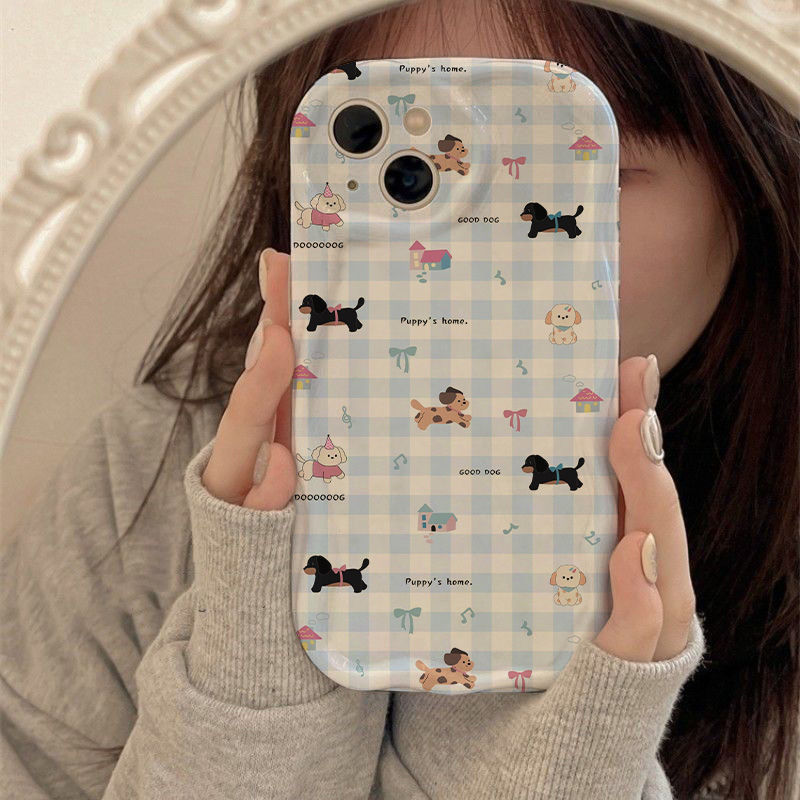 Plaid mini puppy iPhone16pro/14/13/12 phone case se apple xr/xsmax78plus soft