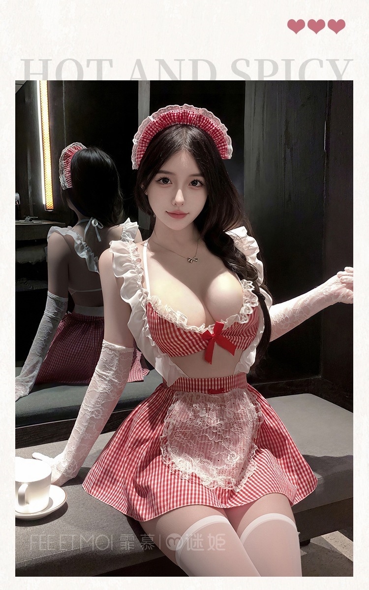 Sweet Summer Plaid Maid Costume Set with Lace Backless Suspender Dress and Accessories — detail image 17