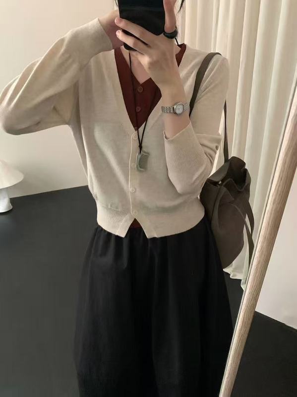 拼接假两件V领针织开衫女2025春秋季设计感短款毛衣修身灰色上衣|undefined