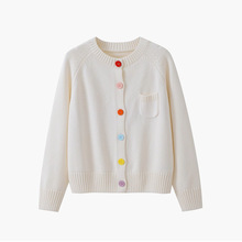 100%纯棉针织开衫秋冬新款宽松圆领毛衣短袖彩扣设计通勤百搭