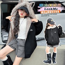 女童黑色麂皮绒毛领棉服外套2025冬季新款韩系复古座山雕加厚棉衣