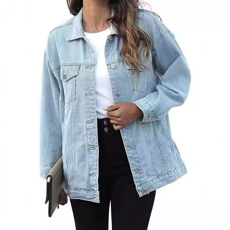 Cross-border Amazon AliExpress new Denim coat European and American Denim jacket distressed lapel button long sleeve pocket