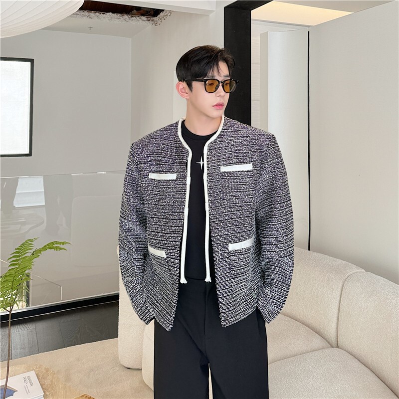 Fashionable Casual Fashion Snowflake Woolen Tassel Rope with Round Neck Small Suit Men's Tweed Suit Woolen Jacket