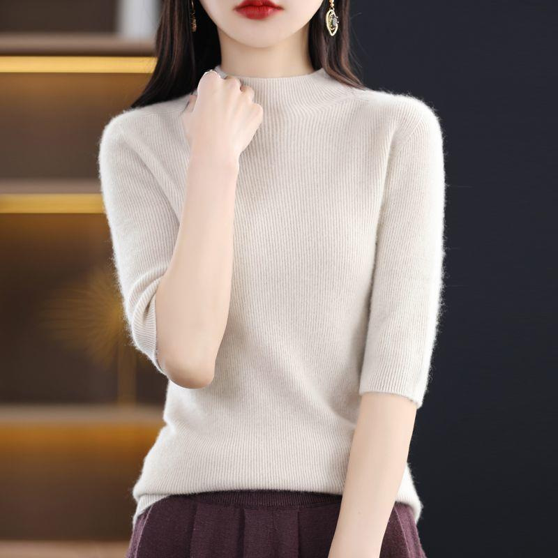 女性用の西洋風ボトムシャツ、七分袖、春秋のミッドスリーブ、ハーフタートルネック、スリムで高級な半袖ニットセーター|undefined
