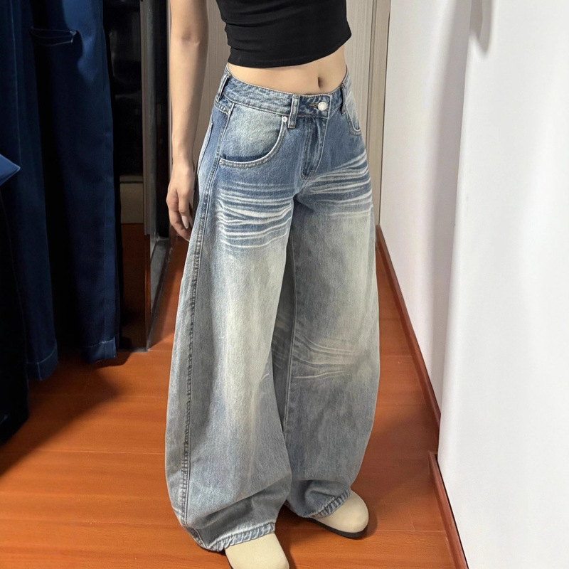 大码美式复古阔腿牛仔裤女秋季新款水洗蓝宽松显瘦垂感直筒拖地裤|undefined