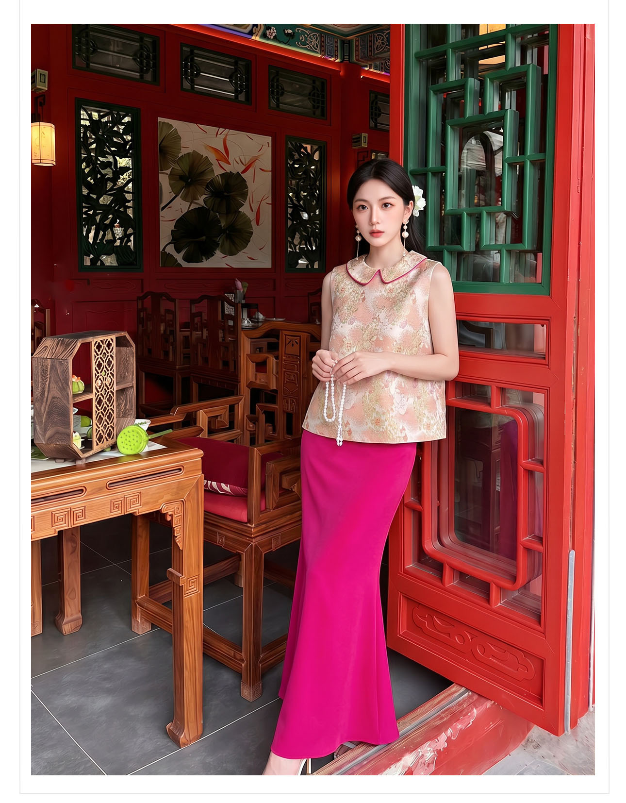 Bộ áo gile + chân váy nữ phong cách Trung Hoa mới, chất liệu jacquard cao cấp, form thắt eo thanh lịch — Áo khoác Carmine, Trang phục [Áo khoác màu hồng+váy đỏ], Màu đỏ nửa váy chi tiết 10