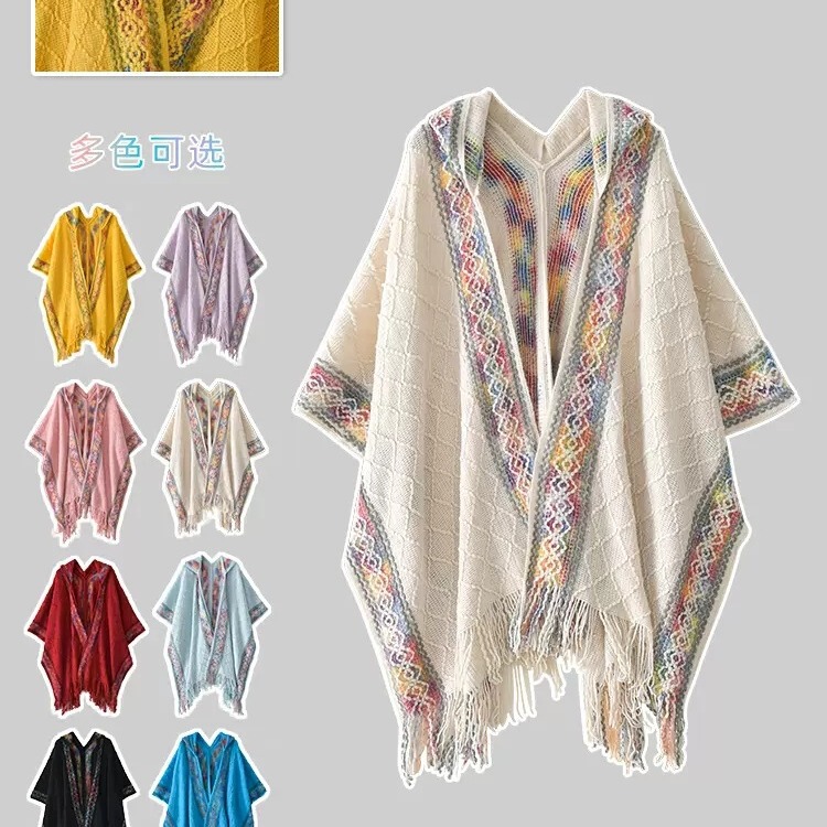 Ethnic style large cape women's knitted warm Yunnan travel wear photo cape cape hooded coat