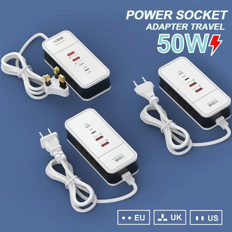 Pd50W Mobile Phone Charging Power Strip 2Usb+2Type-C Multi-Port Charger European and American Standard Four-In-One Plug with Cord