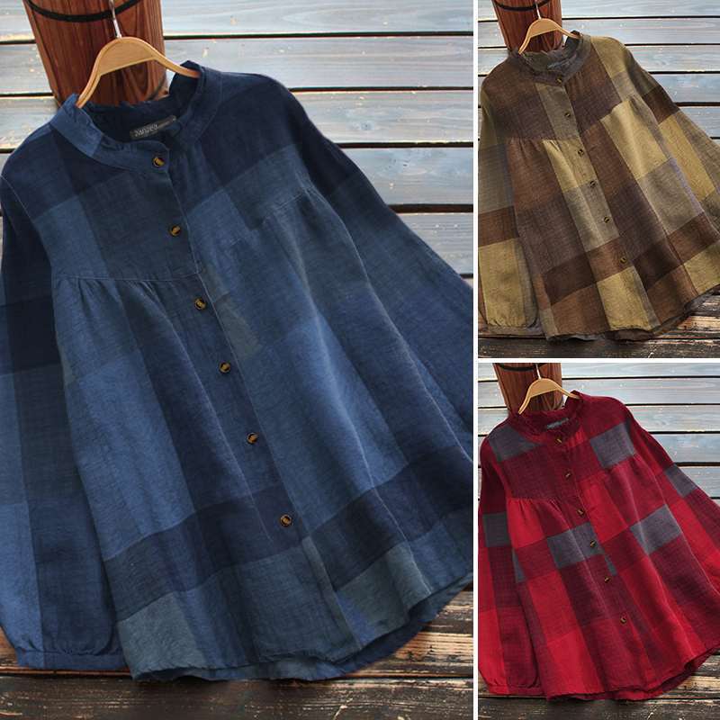 Amazon AliExpress 2023 plus size women's long sleeve ruffled button shirt solid color plaid casual top Amazon AliExpress 2023 plus size women's long sleeve ruffled button shirt solid color plaid casual top