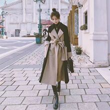跨境外贸秋冬中长款风衣新款撞色呢子外套女韩版气质显瘦毛呢大衣
