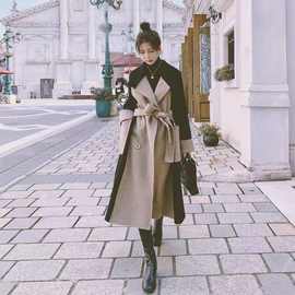 跨境外贸秋冬中长款风衣新款撞色呢子外套女韩版气质显瘦毛呢大衣