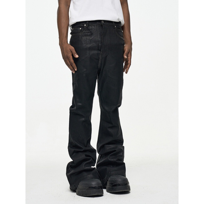 2025 High Street Ro Style Coated Brushed Micro-Flared Floor-Length Jeans Men's Trendy Brand Loose Micro-Elastic Waxed Pants