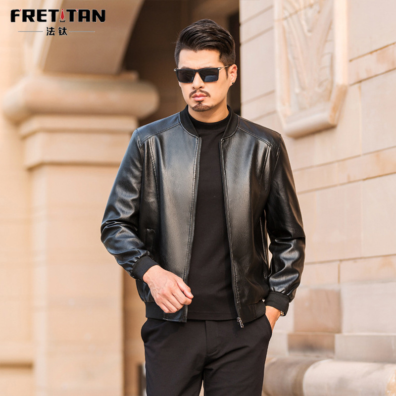 Nueva primavera y otoño cuello alto uniforme de béisbol cremallera casual costilla collar motocicleta chaqueta de cuero de los hombres abrigo de los hombres