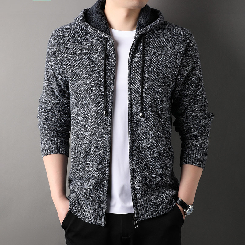 Men's Cardigan Sweater 2026 Autumn and Winter New Style Fleece-Lined Thick Warm Hooded Jacket Casual Knitwear Trendy