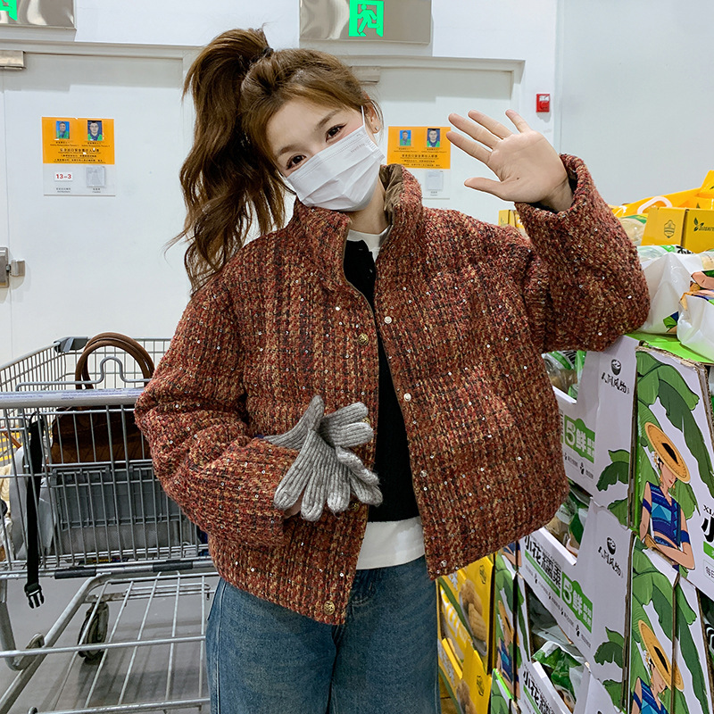 Real Shot of Tweed-Style Sequin Stand Collar White Duck down Jacket 2025 New Short Thickened Puffer Jacket for Petite Sizes