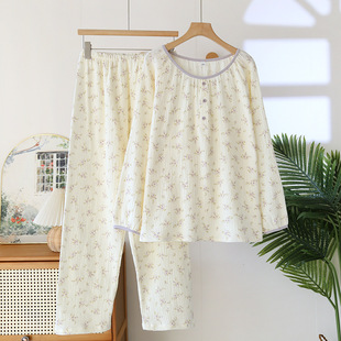 Cotton pajamas women's spring and autumn printing long sleeve new round neck pullover cotton yarn home clothing suit manufacturers wholesale