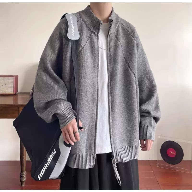 重重量慵懒风格针织开衫男士秋季覆古风格毛衣拉炼设计宽松夹克