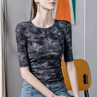 蝴蝶印花网纱圆领T恤女五分袖2024夏季新款女装半袖上衣中袖小衫