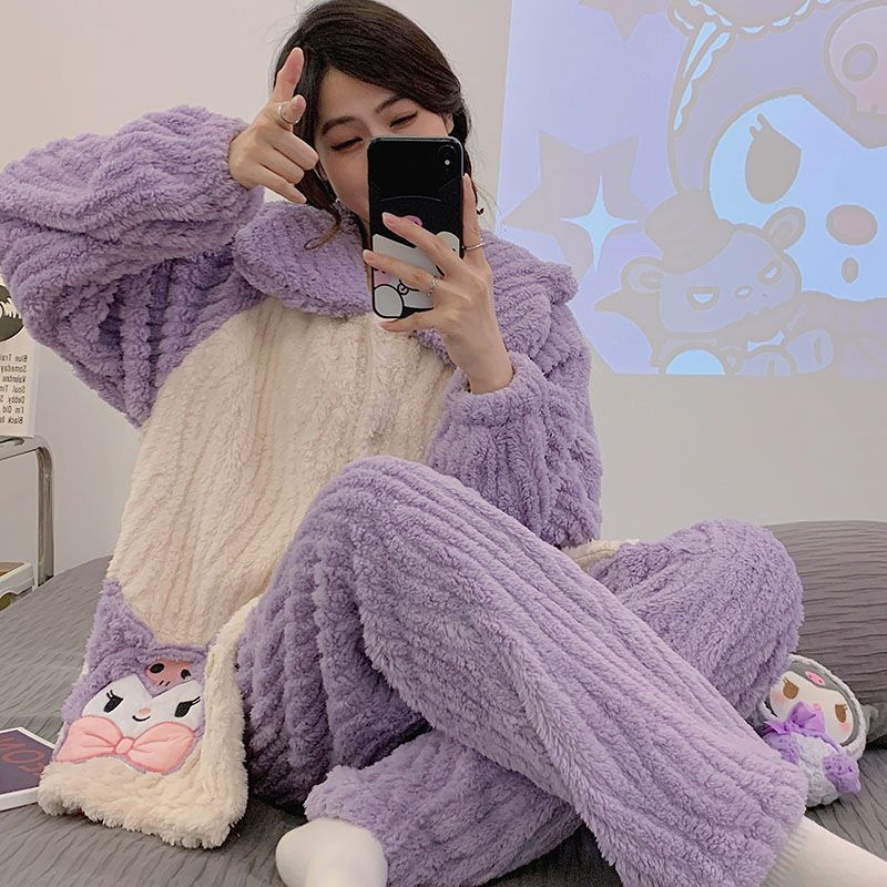 Otoño y invierno pesado abrigo pijama de mujer manga larga pantalones largos sueltos coral terciopelo dibujos animados ropa de casa damas terciopelo conjunto