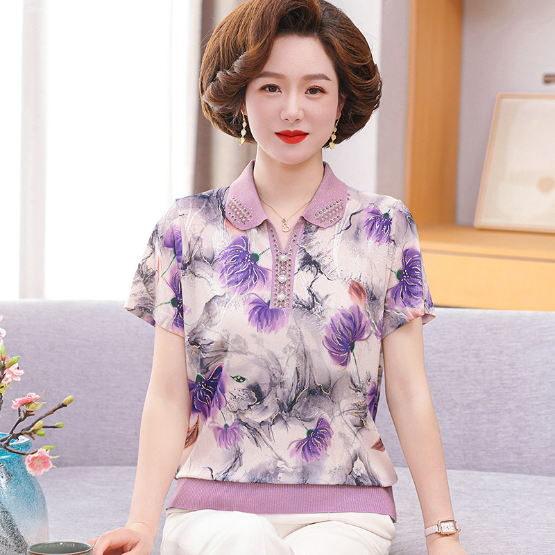 媽媽裝夏季新款女士上衣印花圖案套頭短袖印花T恤中老年女裝，女裝T恤，妃慕昵服飾