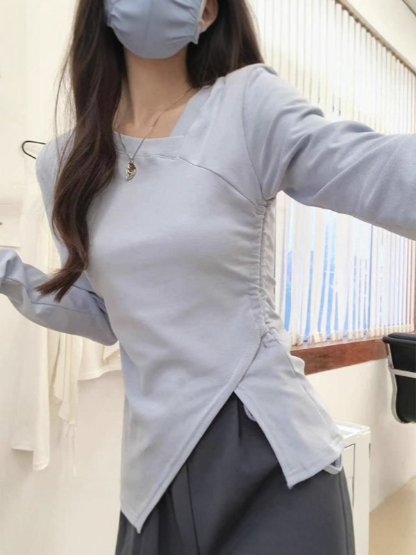 纯欲辣妹不规则抽绳长袖T恤女设计感小众修身打底衫内搭别致上衣|undefined