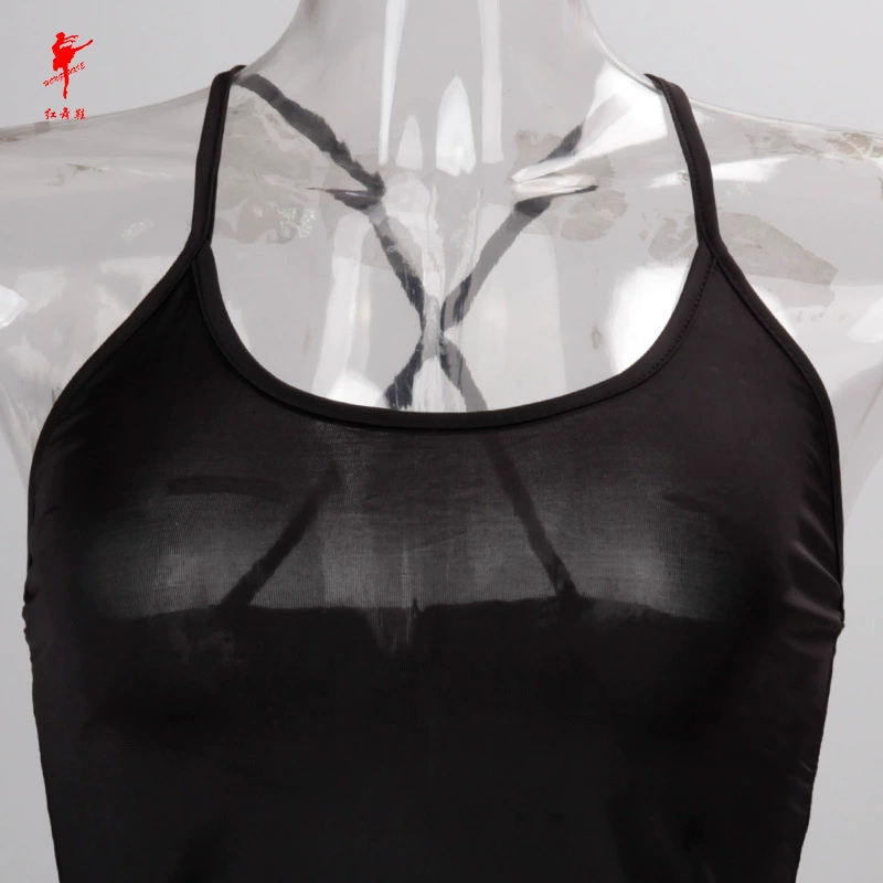 2nd: "红舞鞋 Black sports top with cups, T-shirt for gym" -> Chinese? Means red dancing shoes? Actually 