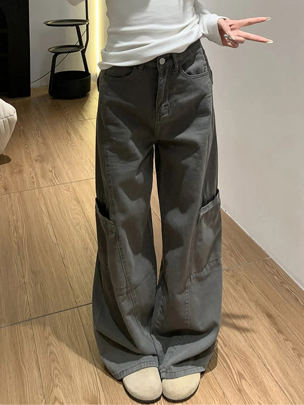 灰色阔腿工装裤女夏季新款胖mm大码宽松梨型身材显瘦直筒牛仔裤子|undefined
